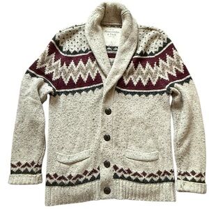 A125-Cream and burgundy striped cardigan with a retro vibe cardigan Large